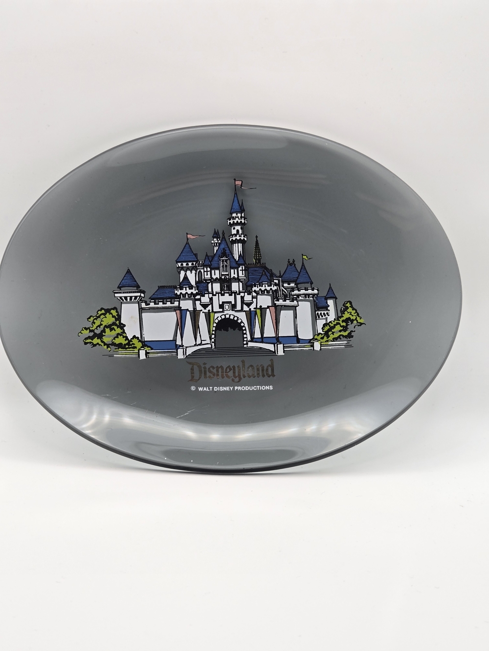 Disneyland Castle Oval Gray Glass Plate Collectable 8.5"